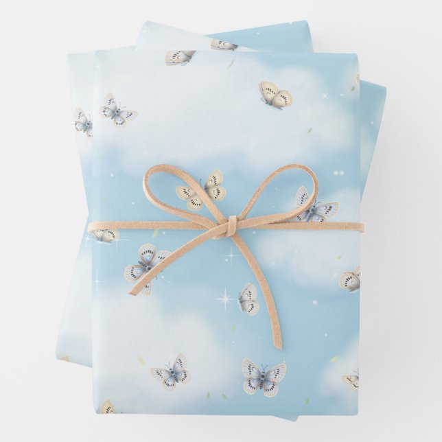 Butterfly Swarm in Dreamy Blue Sky Wrapping Paper Sheet (In situ)