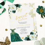 Butterfly Sweet Sixteen Emerald Green Dress Gold<br><div class="desc">Adorable,  emerald green floral 16th birthday party invitations. Easy to personalise with your details. Please contact me via chat if you have questions about the artwork or need customisation. Check the collection for more items. PLEASE NOTE: For assistance on orders,  shipping,  product information,  etc.,  contact Zazzle Customer Care directly</div>