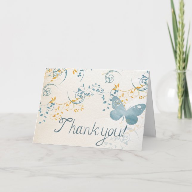 Butterfly & Swirl Pattern Blue Gold Thank You Card (Front)