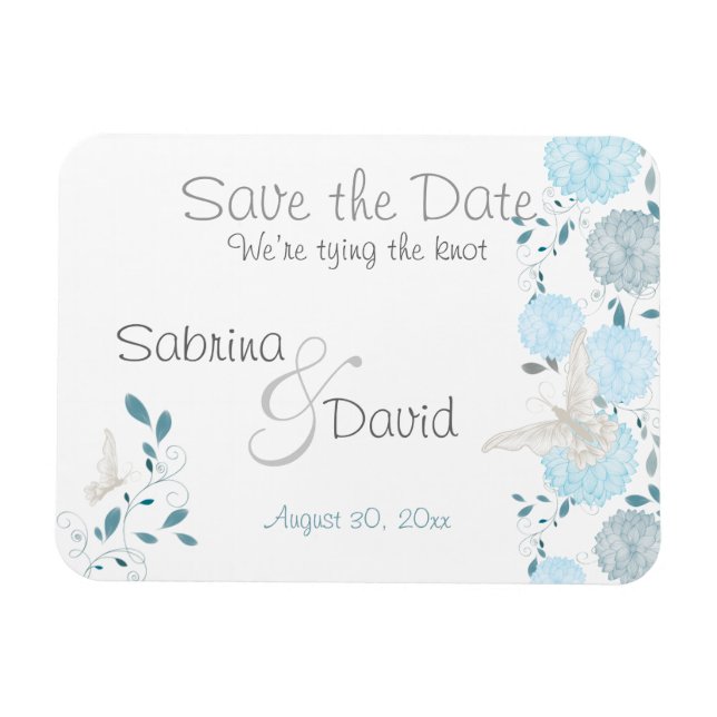 Butterfly Teal Blue Chrysanthemums Save the Date Magnet (Horizontal)