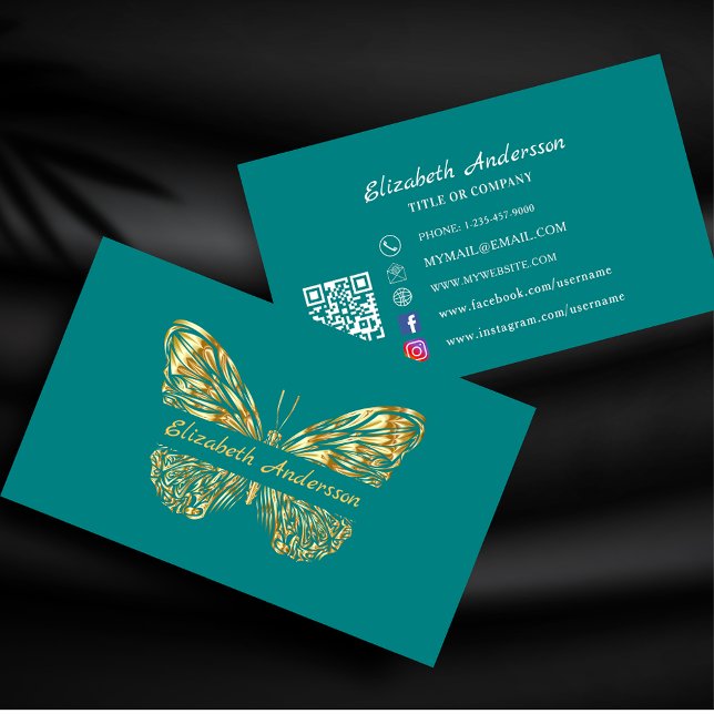 Butterfly teal green gold QR code elegant Business Card (Creator Uploaded)