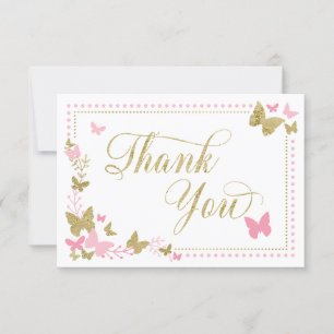 Butterfly Thank You Card, Pink, Faux Gold