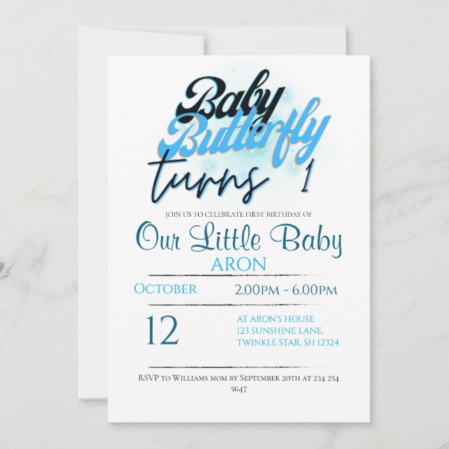 butterfly theme 1st  birthday Invitation (Front)