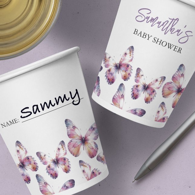 Butterfly Theme Purple Custom Paper Cups (purple butterfly baby shower theme paper cups write name by Victoria Grigaliunas Do Tell A Belle)