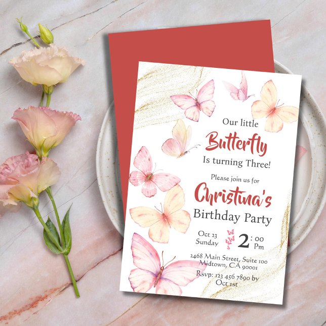 Butterfly themed cute bliss modern 3rd birthday  invitation (Front/Back )