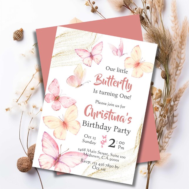 Butterfly themed cute modern bliss 1st birthday invitation (Front/Back )