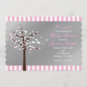 Butterfly Tree Grey & Pink Baby Shower Invitation