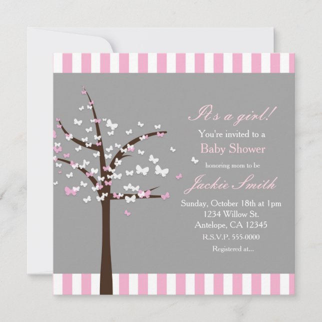 Butterfly Tree Modern Grey Baby Shower Invitation (Front)