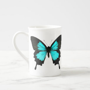 Butterfly - turquoise blue and black bone china mug