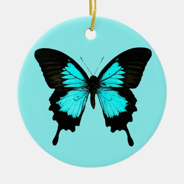 Butterfly - turquoise blue and black ceramic tree decoration (Front)