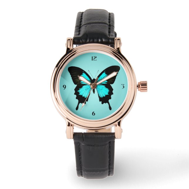 Butterfly - turquoise blue and black watch (Front)