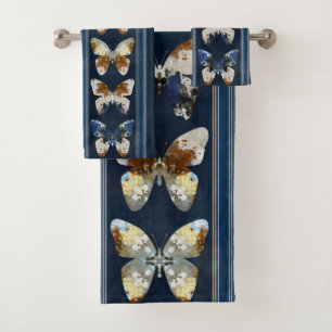 Butterfly, vertical stripes, navy blue, beige bath towel set