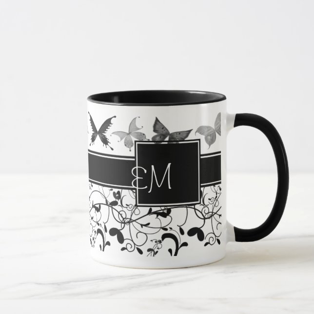 Butterfly Victorian Flourish Black White Mug (Right)