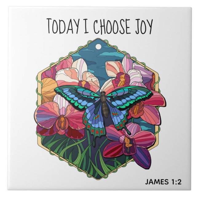 Butterfly, w verse from James 1:2 Tile (Front)