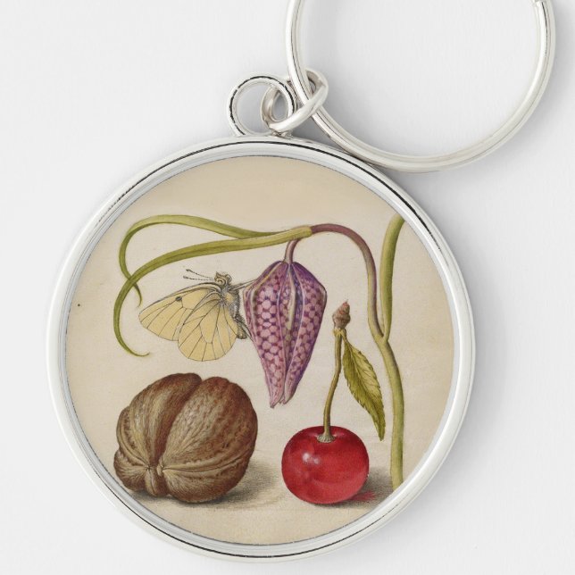 Butterfly Walnut Flower and cherry Watercolor Key Ring (Front)