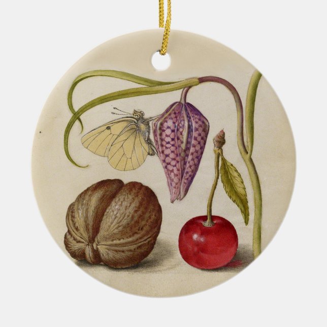 Butterfly Walnut Flower Cherry Watercolor Art Ceramic Tree Decoration (Front)