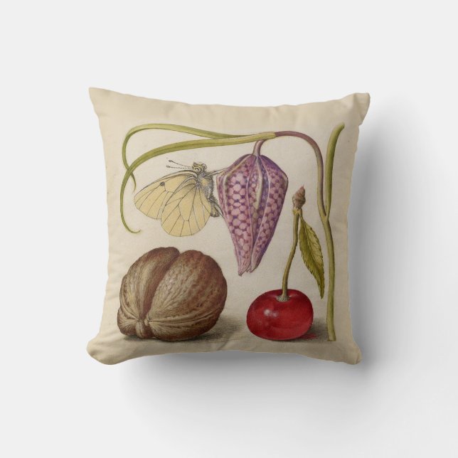 Butterfly Walnut Flower Cherry Watercolor Art Cushion (Front)
