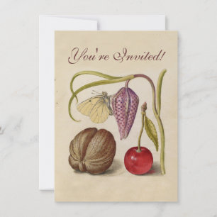 Butterfly Walnut Flower Cherry Watercolor Art Invitation