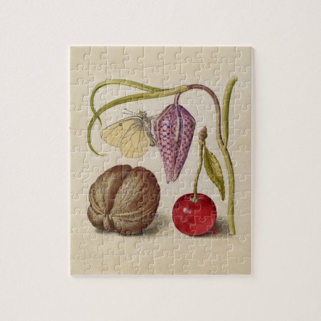 Butterfly Walnut Flower Cherry Watercolor Art Jigsaw Puzzle (Vertical)