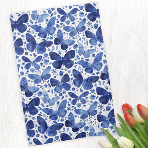 Butterfly Watercolor Blue and White Tea Towel
