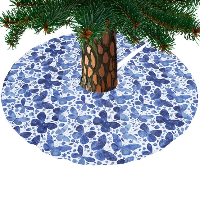 Butterfly Watercolor Blue Brushed Polyester Tree Skirt (Blue and white watercolor butterfly Christmas tree skirt)