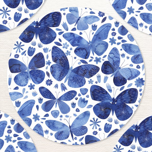 Butterfly Watercolor Blue Classic Round Sticker (Pretty blue and white watercolor butterfly pattern stickers)