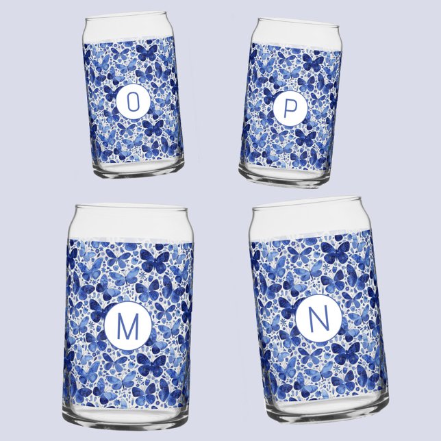 Butterfly Watercolor Blue Monogram Initial Can Glass (Blue watercolor butterfly pattern personalized monogram initial glasses)