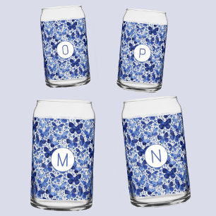 Butterfly Watercolor Blue Monogram Initial Can Glass