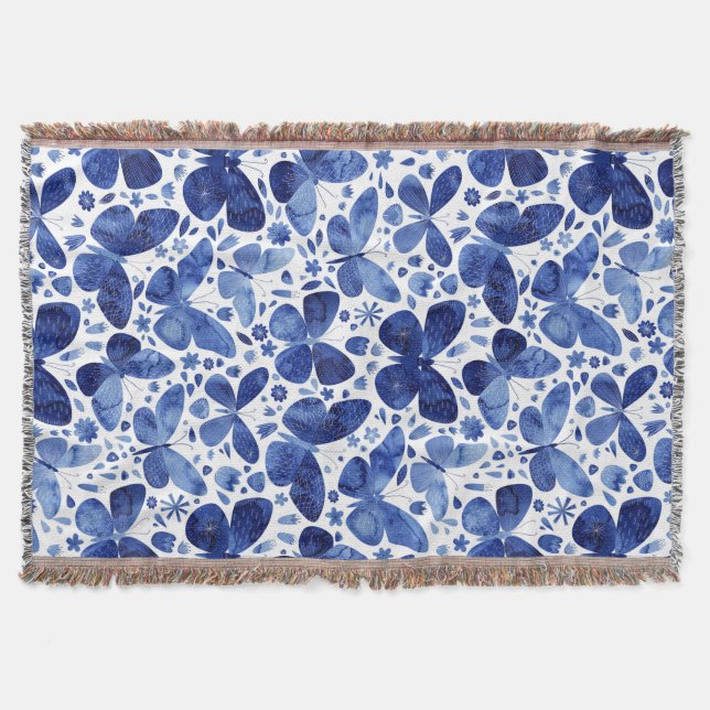 Butterfly Watercolor Blue Pattern Throw Blanket (Front)