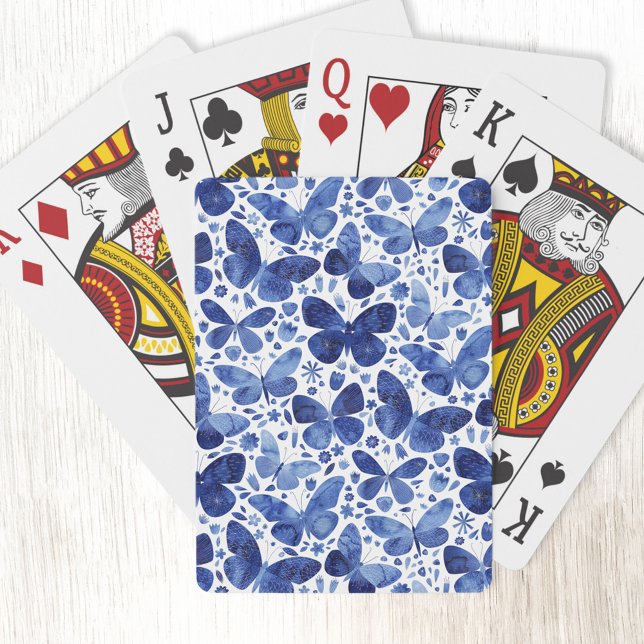 Butterfly Watercolor Blue Playing Cards (Indigo navy blue watercolor butterfly pattern playing cards)