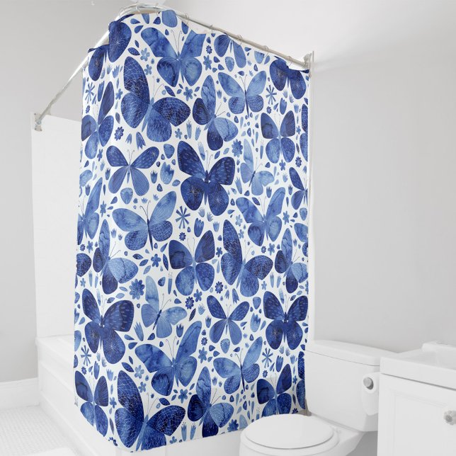 Butterfly Watercolor Blue Shower Curtain (Blue and white watercolor butterfly pattern shower curtain)
