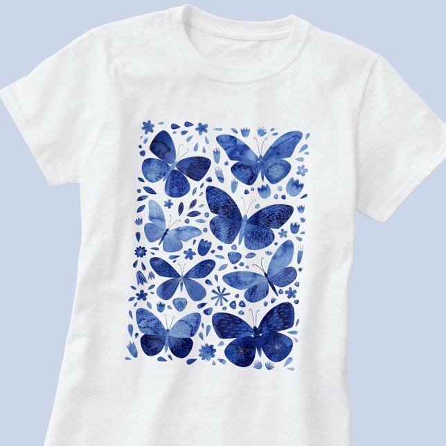 Butterfly Watercolor Blue T-Shirt (Indigo navy blue and white watercolor butterfly art t-shirt)