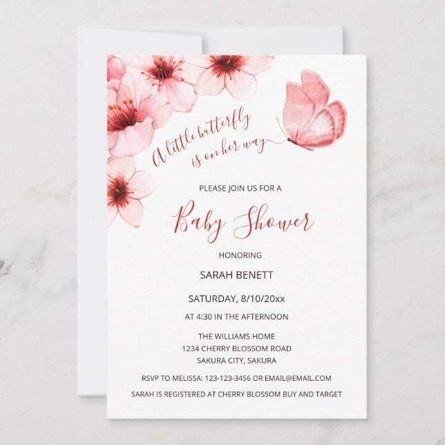 Butterfly Watercolor Cherry Blossom Baby Shower Invitation (Front)