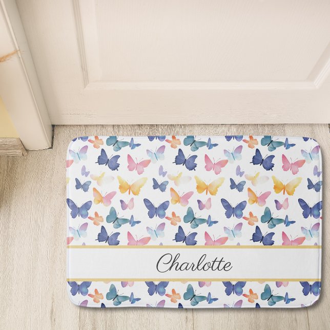 Butterfly Watercolor Colourful Pattern Custom Name Bath Mat (Creator Uploaded)