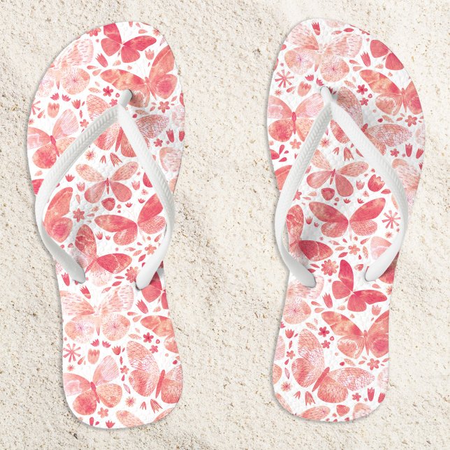 Butterfly Watercolor Pattern Coral Pink Jandals (Coral blush pink watercolor butterfly pattern flip flops)