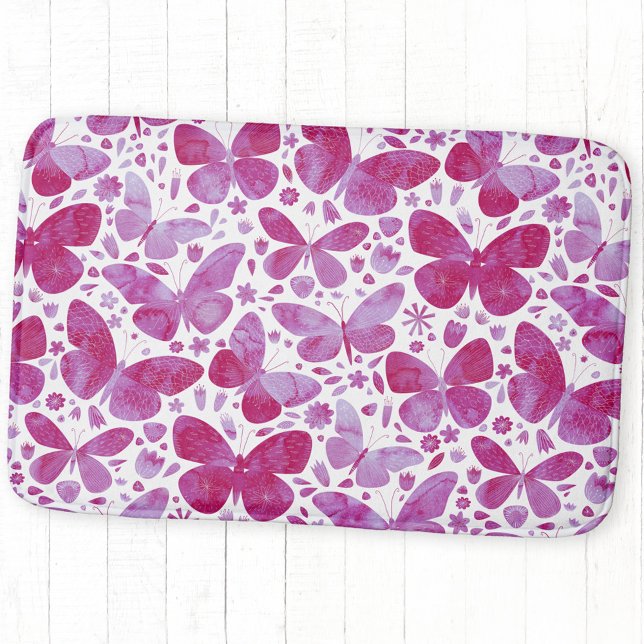 Butterfly Watercolor Pink Bath Mat (Magenta pink watercolor butterfly bath mat)