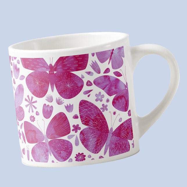Butterfly Watercolor Pink Espresso Cup (Hot magenta pink and white watercolor butterfly pattern  espresso cup)