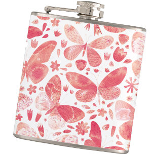 Butterfly Watercolor Pink Hip Flask