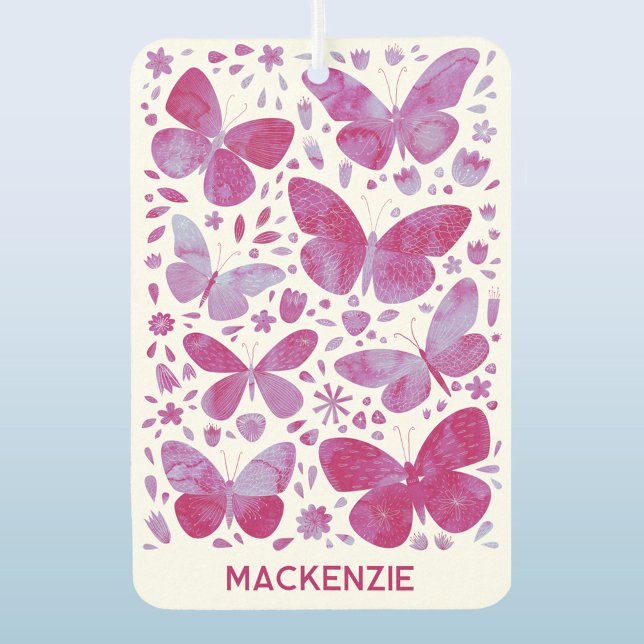 Butterfly Watercolor Pink Personalised Car Air Freshener (Personalized name pink watercolor butterfly pattern art air freshener)