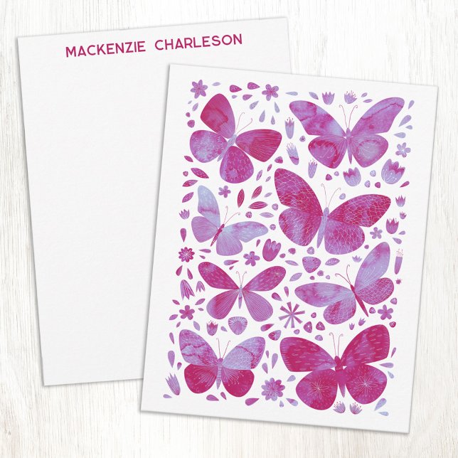 Butterfly Watercolor Pink Personalized Card (Magenta pink and white watercolor butterfly art personalized name or text notecards)