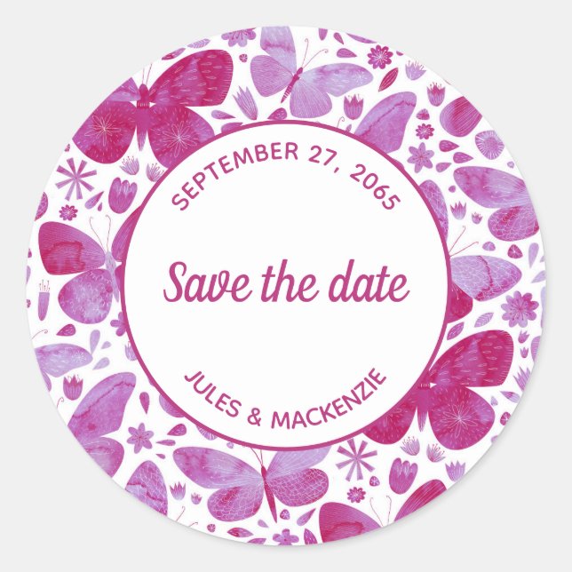 Butterfly Watercolor Pink Save the Date Classic Round Sticker (Front)