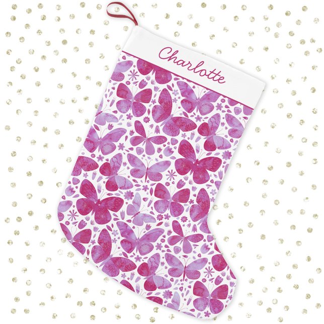 Butterfly Watercolor Pink Small Christmas Stocking (Personalized script name pretty hot pink and white watercolor Christmas stocking)