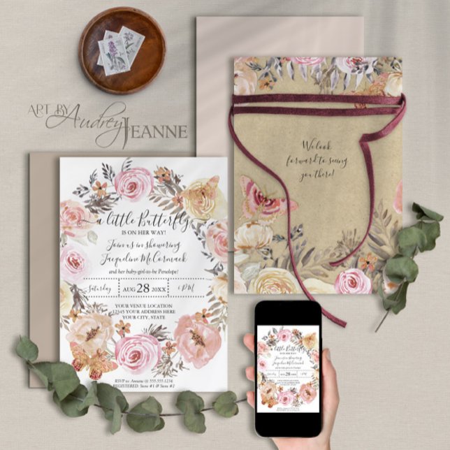 Butterfly Watercolor Wreath Pink Floral Baby Girl Invitation (Creator Uploaded)