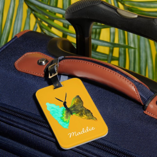 Butterfly watercolour aqua pretty luggage tag (Front Insitu 1)