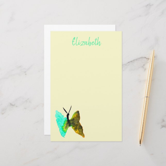 Butterfly watercolour aqua pretty stationery (Front/Back In Situ)