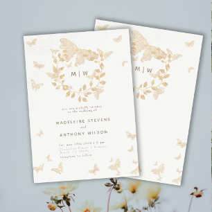 Butterfly Wedding Gold Monograms Wreath Elegant Invitation