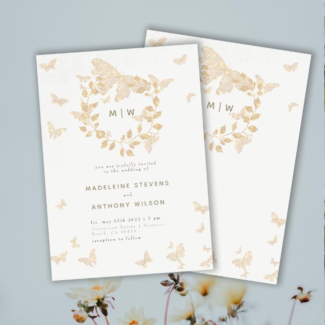 Butterfly Wedding Gold Monograms Wreath Elegant Invitation (Creator Uploaded)
