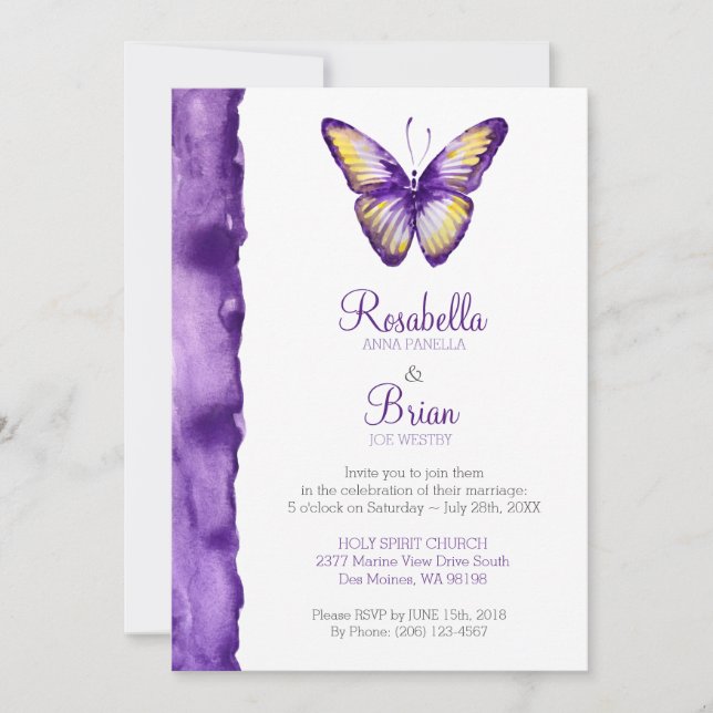 Butterfly Wedding Invitations Purple Watercolor (Front)