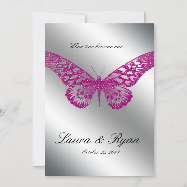 Butterfly Wedding Invite Glitter Pink Silver (Front)