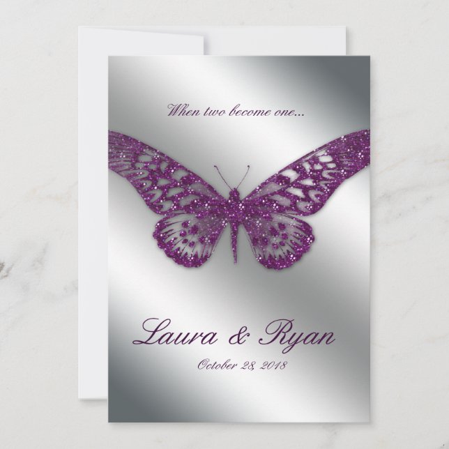 Butterfly Wedding Invite Sparkle Purple Silver (Front)